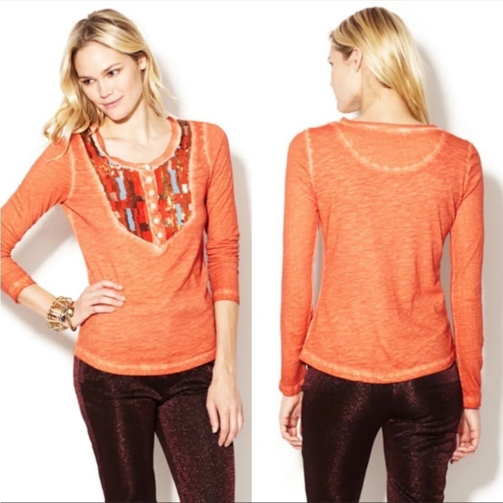 Free People Tiger Eyes Orange Sequin Bib Long Sleeve Henley